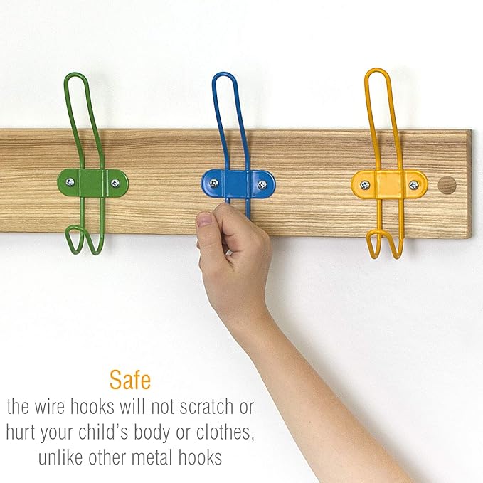 Kids Coat Hook Rack for Boys and Girls for Jackets Clothes Hats Backpacks Robes and Towels - Kids Hanger for Use in Nursery Bedroom and Bathroom - Colorful Wire Hooks and Lacquer Rail