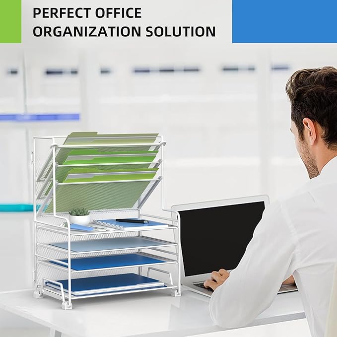4-Tier Paper Organizer + 3-Pocket File Holder + Drawer + Pen Holders, Desktop File Organizers Paper Tray for Office Supplies School Classroom Organization (White, no Drawer & Pen Holder)