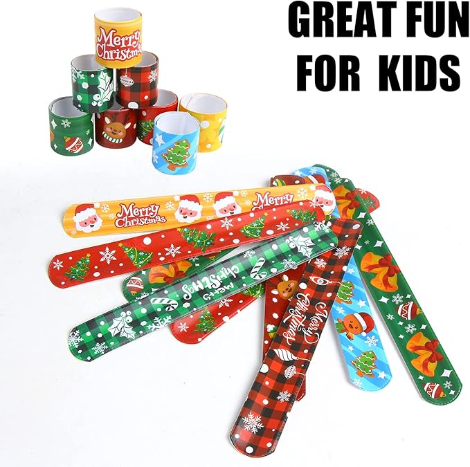 FOIMAS 48pcs Christmas Slap Bracelets,Xmas Santa Reindeer Snap Bracelet Wristband for Kids Christmas Stocking Stuffer Bag Filler Party Favor Supply