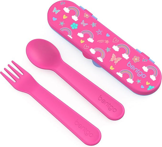 Bentgo Kids Utensil Set - Reusable Plastic Fork, Spoon & Storage Case BPA-Free Materials, Easy-Grip Handles, Dishwasher Safe Ideal for School Lunch, Travel, Outdoors (Rainbows and Butterflies)