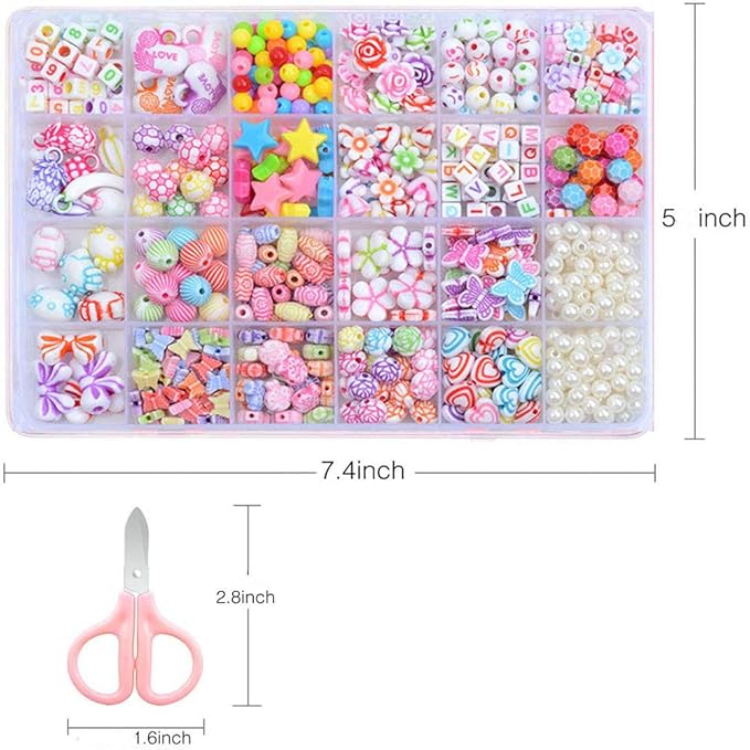 Beads Art Crafts Toys, Acrylic Beads Bracelet Making Kits DIY Beads Kits 24 Different Types and Shapes Colorful Acrylic Beads for Girls Kids DIY Bead Set Gift for 6 + Years Old Kids Birthday Gift