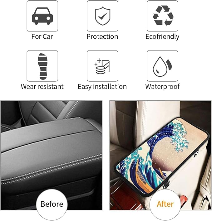 DORKEIXIA Japan Kanagawa Great Wave Auto Center Console Armrest Pad Universal Car Center Console Cover Seat Box Cover for Sedan, Van, SUV, Truck Car Accessorie