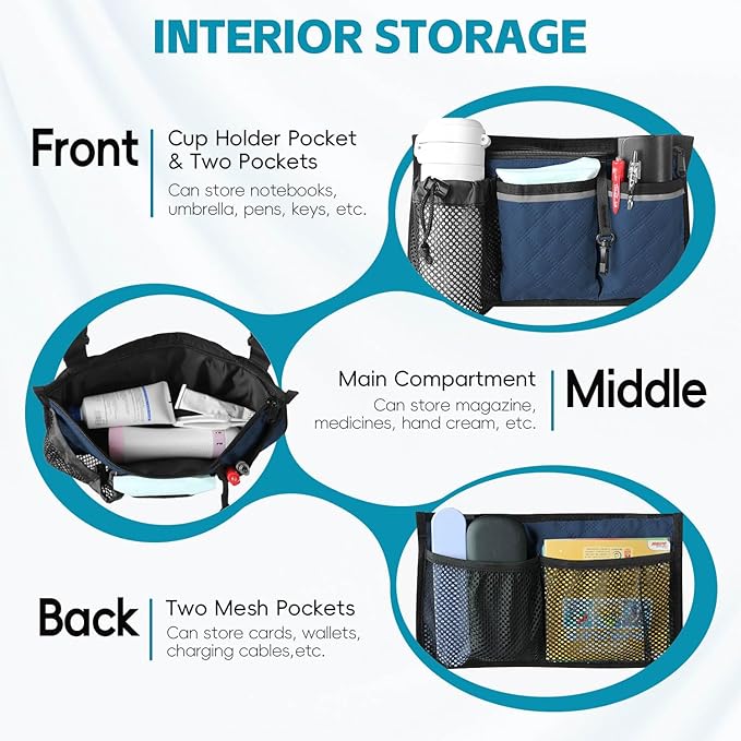 Wheelchair Bag with Cup Holder, Wheelchair Accessories Armrest Side Bag Multi Pockets Pouch for Electric Wheelchairs, Walker, Rollators & Mobility Scooters, Adults, Seniors, Navy Blue