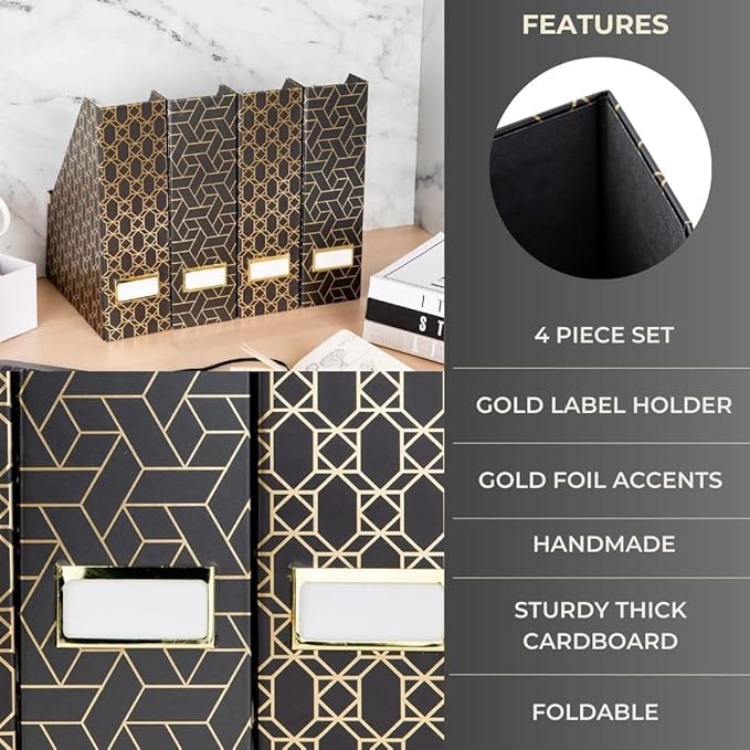 BLU MONACO | Set of 4 Black & Gold Geometric Magazine File Holders with Gold Label Holders | Stylish Vertical File Organizer Boxes for Desk, Bookshelf & Office Storage