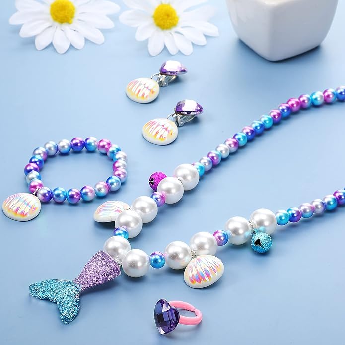 Jadive Mermaid Jewelry for Girls, Kids Mermaid Necklace Bracelet Ring Earrings Set Jewelry Gifts for Kids Toddler Pretend Play Christmas Dress up Party Decorations