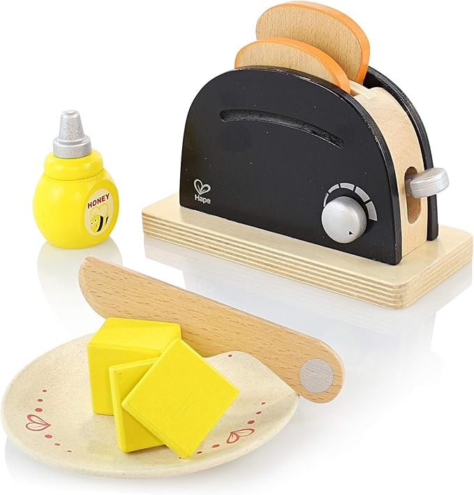 Hape Wooden Black Pop up Toaster Set| Pretend Play Kitchen Playset with Toast, Butter and Honey for Preschoolers Ages 3 Years and Up