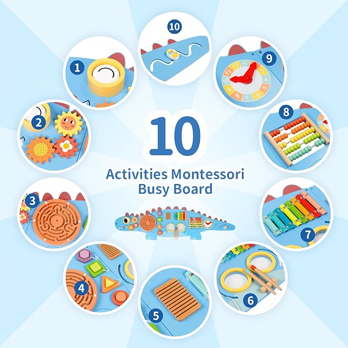 Dinosaur Sensory Wall Panel for Kids,10-in-1 Wall Toys for Toddlers, Montessori Busy Board,Toddler Playroom Bedroom Decor