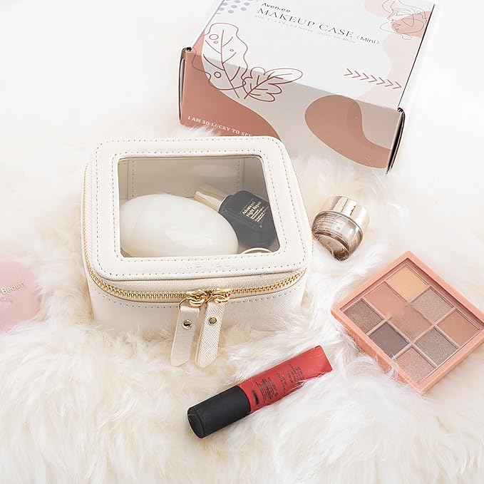 Aveniee Clear Makeup Bag Small, Mini Travel Toiletry Bag Cosmetic Bags Organizer, TSA Approved Clear Makeup Case Pouch with Zipper, Car Essentials for Women Men(Mini-White)