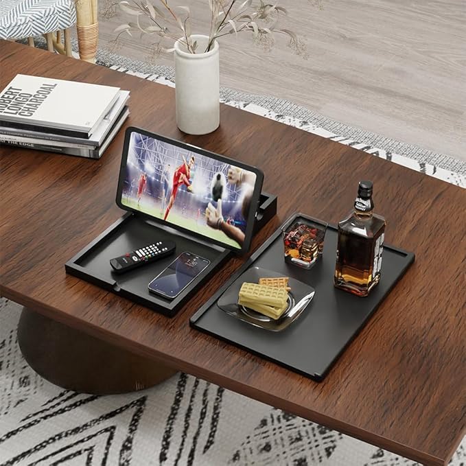 Bamboo Couch Cup Holder Tray - 2 in 1 Couch Armrest Table with Be Slide-Away Detachable Double Holder - Foldable Sofa Armchair Caddy for Drinking Snacks iPad TV Remote (Black)