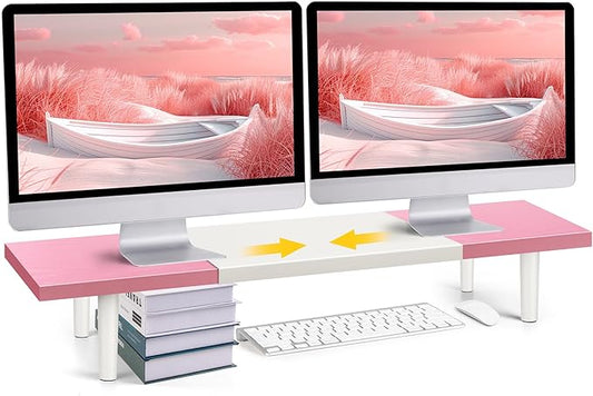 Across-Star Dual-Monitor-Stand-Riser-For-Desk Adjustable Length 32-40 Inch，Large Desktop Computer Monitor Riser For 2 Screens，Desk Shelf Organizer Riser Stand For Computer/Laptop/PC/Printer/TV