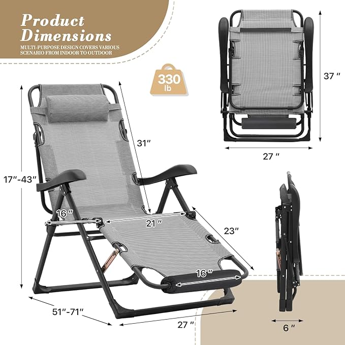 Athena Collection Zero Gravity Outdoor Lounge Chair Recliner Set of 2, 27" Width Reclining Pool Lounge Lawn Chairs with Headrest Foot Pad, Outdoor Chaise for Beach Patio Backyard Outside, Grey