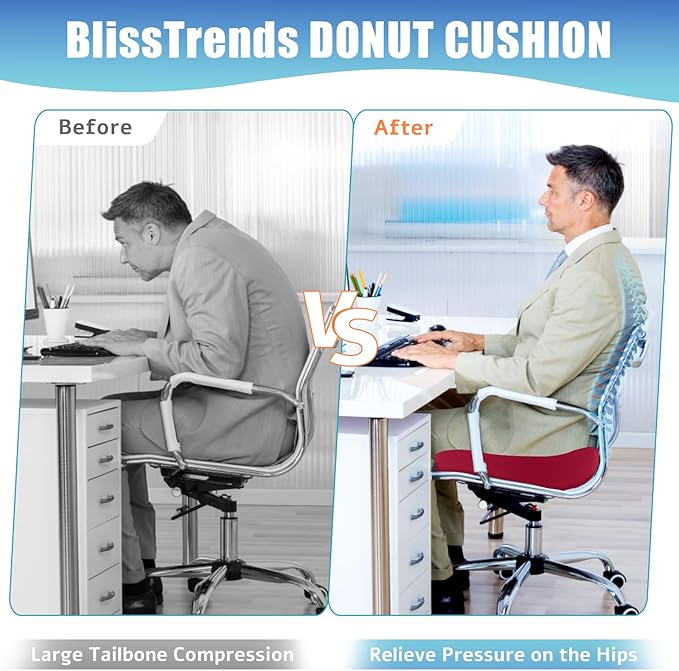 BlissTrends Donut Pillow Seat Cushion, Donut Chair Cushions for Postpartum Pregnancy & Hemorrhoids, Tailbone Pain Relief Cushion, Memory Foam Lifting Cushions for Office & Home Chairs (Red, XX-Large)
