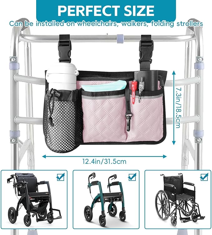 Wheelchair Bag with Cup Holder, Wheelchair Accessories Armrest Side Bag Multi Pockets Pouch for Electric Wheelchairs, Walker, Rollators & Mobility Scooters, Adults, Seniors, Pink