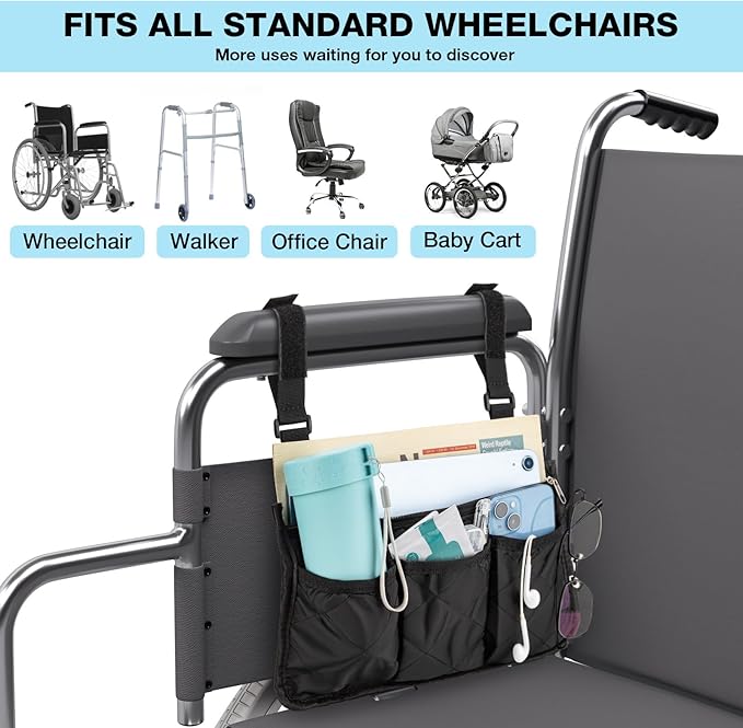 Noverlife 2 Packs Wheelchair Side Bag, Black Walker Bag w/Cup Holder Waterproof Wheelchair Armrest Pouch, Side Storage Pouch Organizer Bag Wheelchair Pouch Side Pocket for Most Seniors Wheelchairs