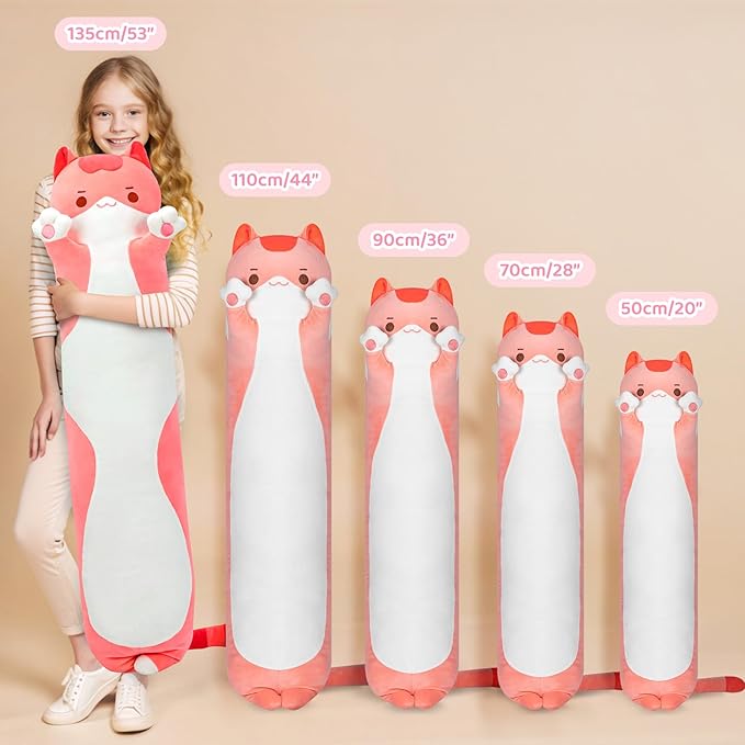 Mewaii Artist-Designed Ultra Soft Long Cat Plush Body Pillow, Extra Stuffing for Comfort, Premium Quality Stuffed Animal Gift for Girlfriend or Cat Lovers (Pink Cat Body Pillow 53 Inch)