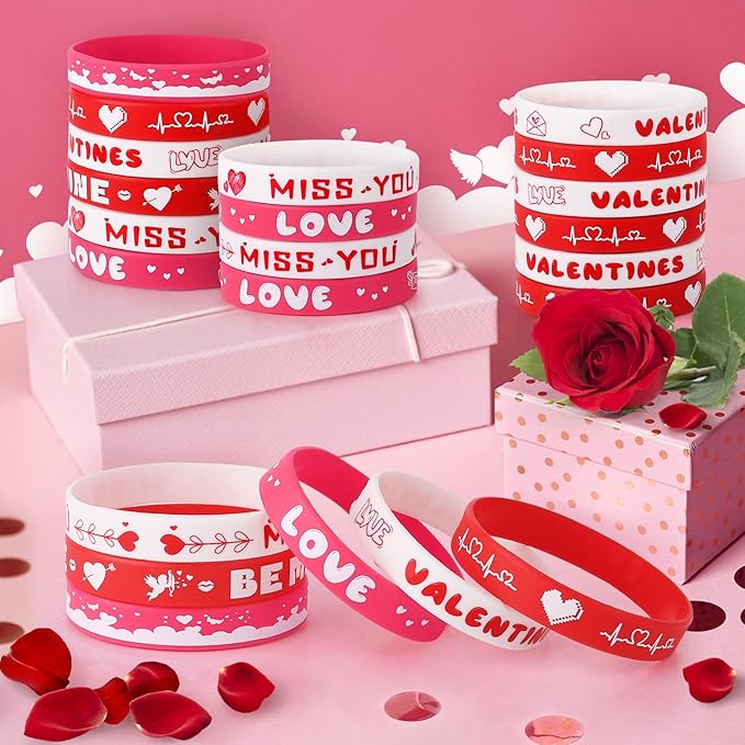 48pcs Valentine's Day Silicone Wristband Happy Valentine's Day Party Favors Pink Red Love Heart Rubber Bracelets Adults Valentine's Day gifts for Kids Classroom Festival Prizes, 6 Designs