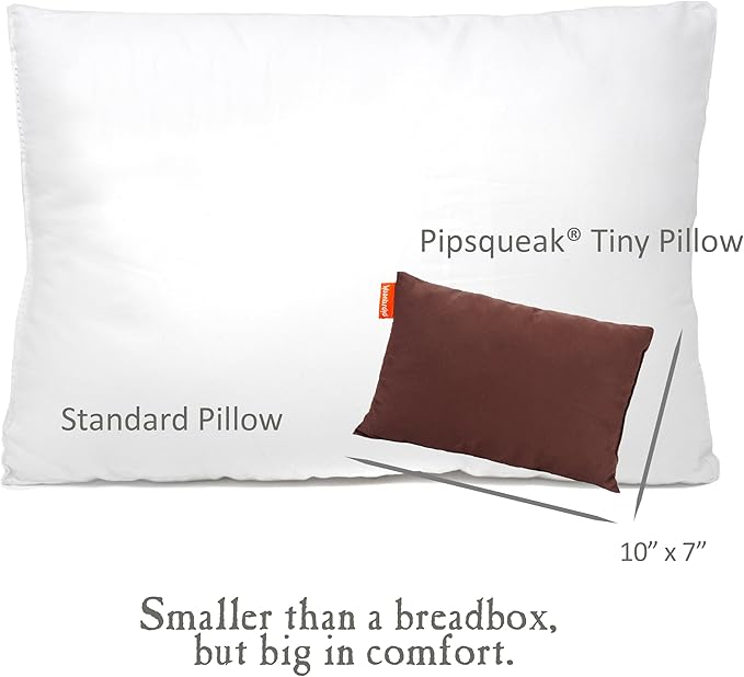 Pipsqueak Small | Tiny | Mini Pillow with Name Tag - 11in x 7in x 2.5in - Machine Washable - White Pillow with Personalized Brown Case
