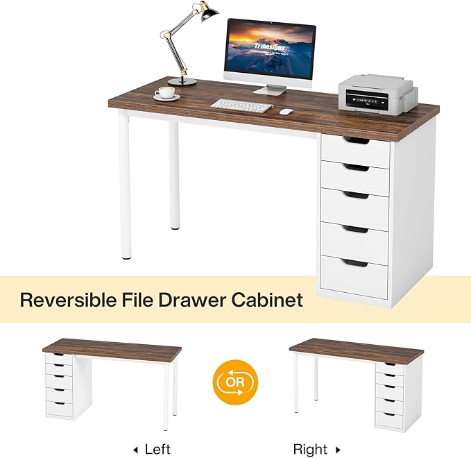 Tribesigns Computer Desk with 5 Drawers, 47 inches Rustic Brown Home Office Desk with Storage, Modern Simple Laptop Desk Study Writing Table for Small Spaces (Reversible Drawer Cabinet)