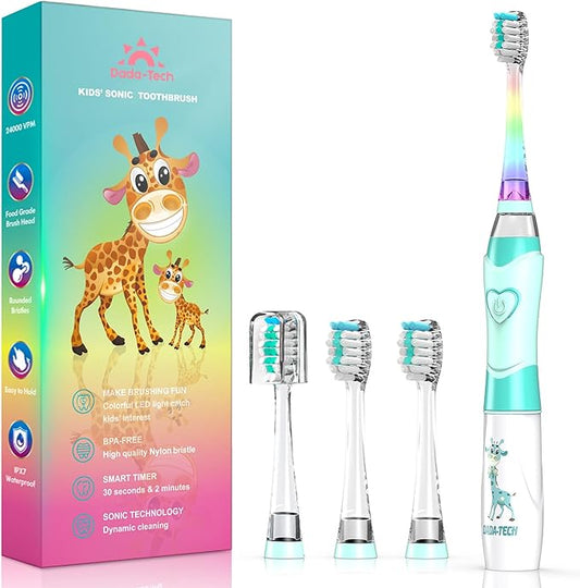 Kids Electric Toothbrush Toddler Toothbrush Age 2-4-8-12 Electric Toothbrush Kids with Timer Rainbow LED Light Up Vibrating Toothbrush Battery Operated Childrens Sonic Tooth Brush (Green Giraffe)