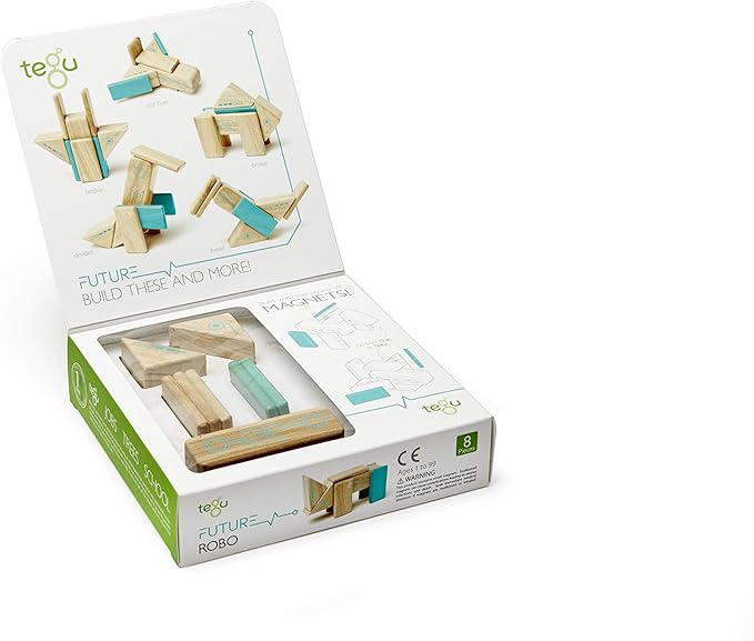 Tegu Robo Magnetic Wooden Block Set, Electric Aqua, 8 PIECE