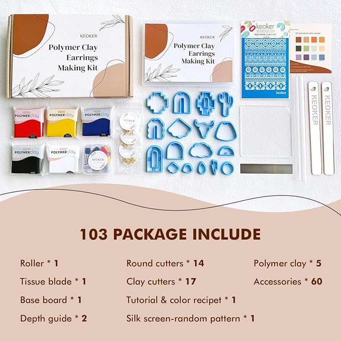 Keoker Polymer Clay Jewelry Making Kit, 103 PCS Clay Earring Making Kit for Teens and Adults, Fashion Designer Kits, Polymer Clay Earrings Kit Crafts, Great Gifts