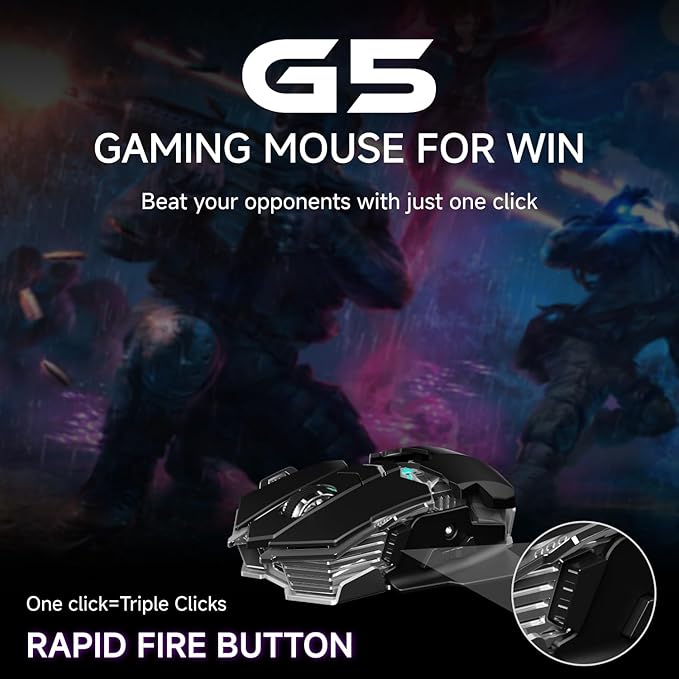 EWEADN G5 Wireless gaming mouse, 12800 Adjustable DPI RGB Mouse with 6 Backlit Modes, Rapid Fire Key, 9 Programmable Macro Buttons, Rechargeable Bluetooth Mouse for PC/Mac/Laptop - Black