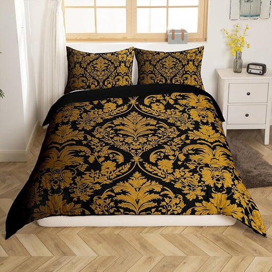 Feelyou Black Gold Comforter Cover Set Queen Size Vintage Damask Floral Duvet Cover for Kids Adult Oriental Antique Bedding Set Gothic Boho Flower Bedspread Cover for Bedroom Decor,No Comforter