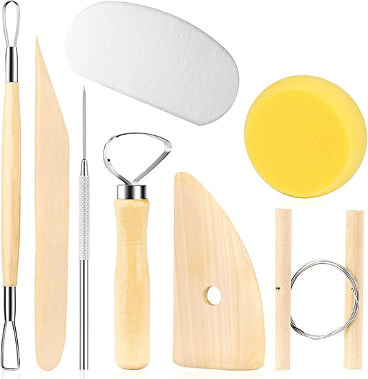 8 Pieces Wooden Pottery Sculpting Clay Cleaning Tool Set, Includes Clay Cutting, Modeling, Trimming Tools, for Beginner Level Pottery and Smoothing, Cleaning, Carving, Shaping and Sculpting