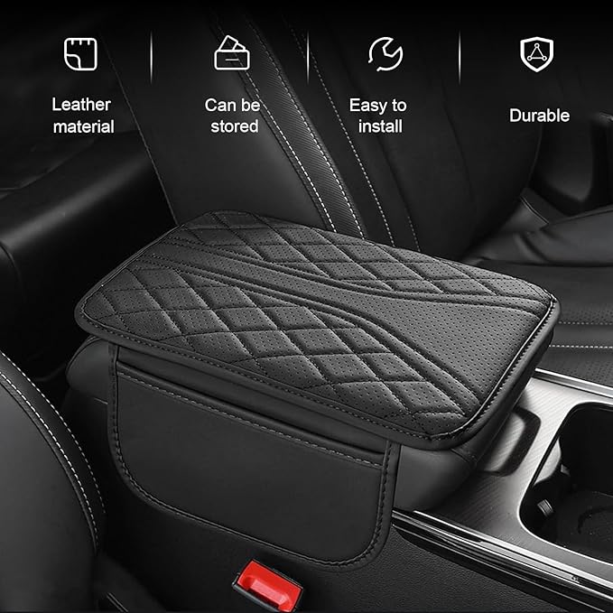 Arwrilt Car Center Console Cover, Leather Automotive Armrest Cushion with 2 Storage Bags, Breathable Armrest Cover, Universal Waterproof Arm Rest Protection Pad for SUV, Sedan, Truck (Black)
