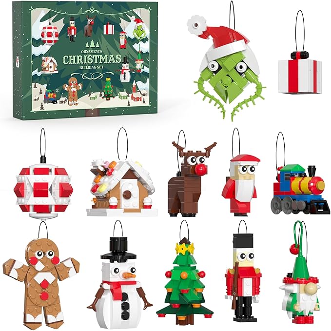 DreamCreators Christmas Ornaments Building Block with Strings for Christmas Tree 2024 New Sets,12 Pack Xmas Hanging Decorating Toys for Kids 6-12 Festival Pendants Holiday Favor Buildable Kits