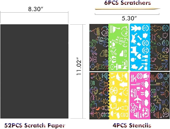 52 Pcs Rainbow Scratch Paper Art Set 8.3" x 11.02" Black Scratch Off Big Size Art Book Crafts Kit Ideal for Kids DIY Party Favors Game Activities Birthday and Christmas Gifts (SP862)