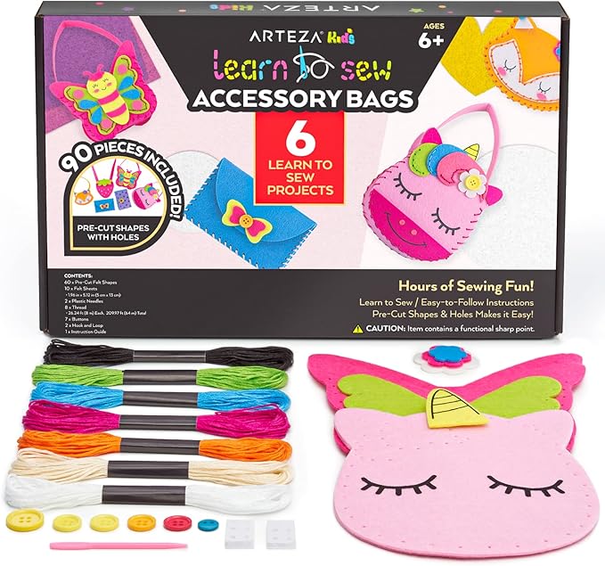 Arteza Kids Hand Sewing Kit, 6 Learn to Sew Accessory Bags, 90 Pieces, Pre-Cut Felt Shapes, Felt Sheets, Plastic Needles, Thread, Buttons, and Hook & Loop, Kids Craft Supplies with Instruction Guide