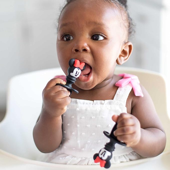 Bumkins Disney Baby Utensils Set, Chewtensils Silicone Spoons for Dipping, Self-Feeding, Baby Led Weaning, Trainer Learning, First Stage Eating, Soft Fork and Spoon, Babies 6 Months, Minnie Mouse