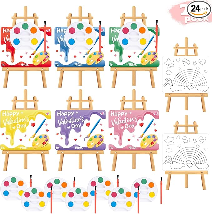 24 Pcs Easel Valentines Day Cards for Kids School with Mini Watercolor Paint Sets for Classroom Exchange, Valentines Gifts Party Favors for Boys Girls