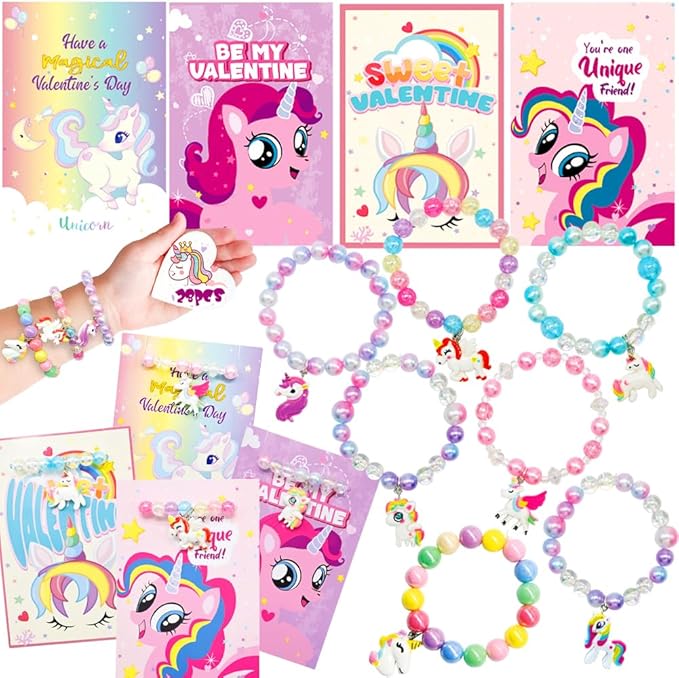 28PCS Valentines Day Gift Cards with Rainbow Unicorn Beaded Bracelets, Colorful Unicorn Beads Bracelet Toys for Valentine's Party Favors