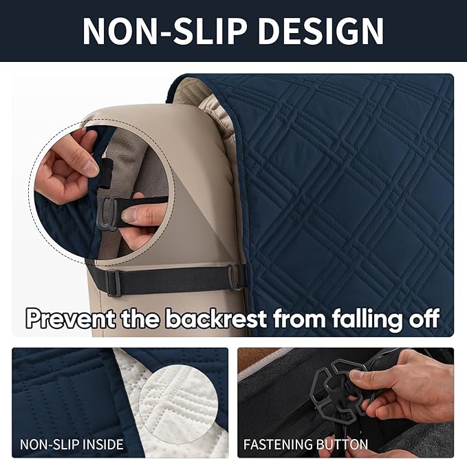 Easehomey Waterproof Recliner Sofa Cover,Non-Slip Reclining Sofa Covers for 3 Seat,Washable Reclining Sofa Cover Furniture Protector with Elastic Straps Pocket for Kids, Pets(Dark Blue,3Seat)