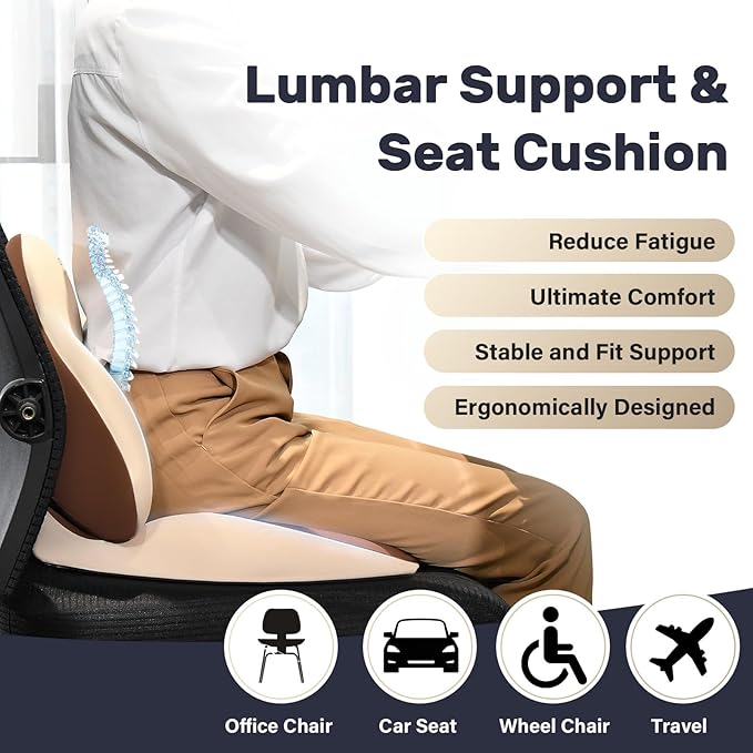 Coverado Car Seat Cushion and Lumbar Support Pillow, Memory Foam Ergonomic Back Support Driving Seat Cushion for Sciatica, Tailbone, Back Pain, Non-Slip Washable Cushion for Car, Driver, Office