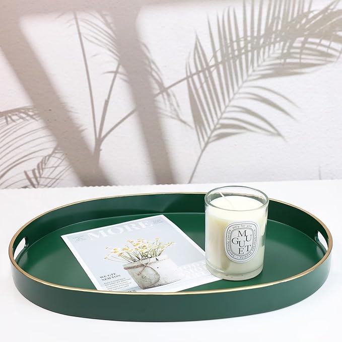 Spsyrine Dark Green Plastic Serving Tray for Ottoman, Coffee Table, Oval Decorative Tray for Entertaining, Outdoor, Living Room, Home Decor