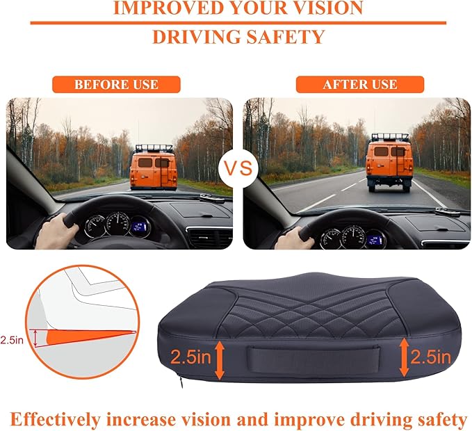 kingphenix Premium Car Seat Cushion, Memory Foam Driver Seat Cushion to Improve Driving View- Coccyx & Lower Back Pain Relief - Seat Cushion for Car, Truck, Office Chair (Leather Black)