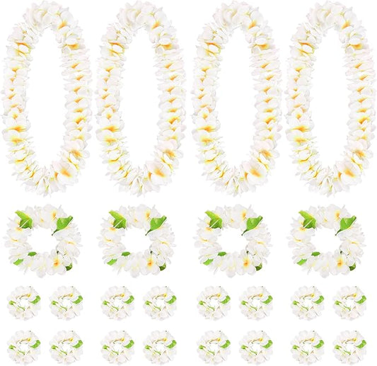 HOBBY HORSE 24 Pieces Hawaiian Luau Flower Leis Halloween Decor Leis White Necklaces Bracelets Headband Anklets Set Tropical Party Favor for Halloween Cosplay Beach Wedding Birthday Party Supplies