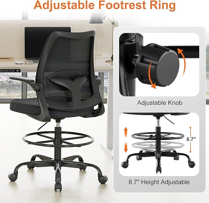 Drafting Chair,Tall Office Chair with Adjustable Footrest Ring,Lumbar Support,Ergonomic High Desk Seat,Flip-Up Armrests,Breathable Mesh Standing Stool for Home Office,Black