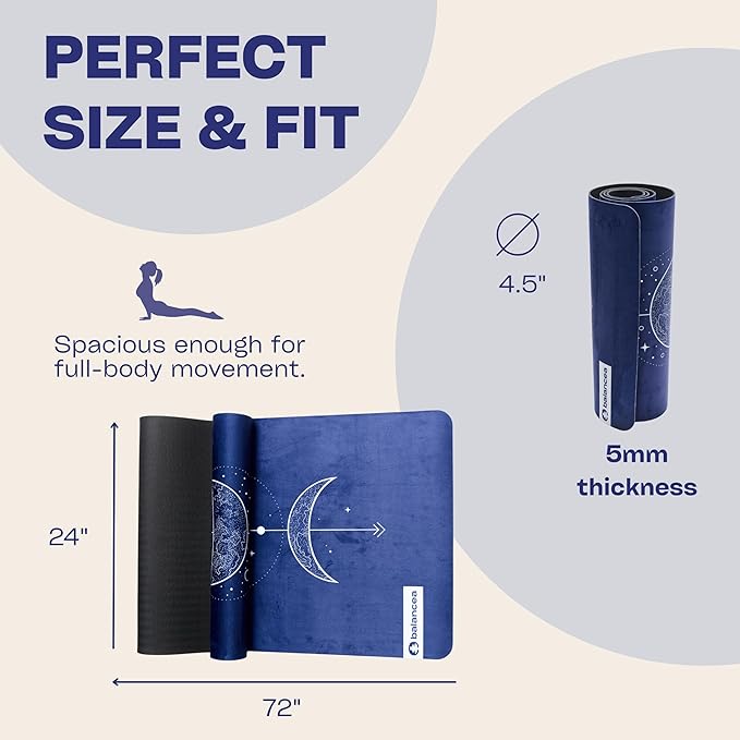 Yoga Mat With Strap 5mm Non Slip Suede & TPE - Eco-Friendly Fitness & Exercise Mat for Home Gym, Pilates, Hot Yoga, and Meditation - Lightweight Durable 72 x 24 inch Workout Mat for Women, Men