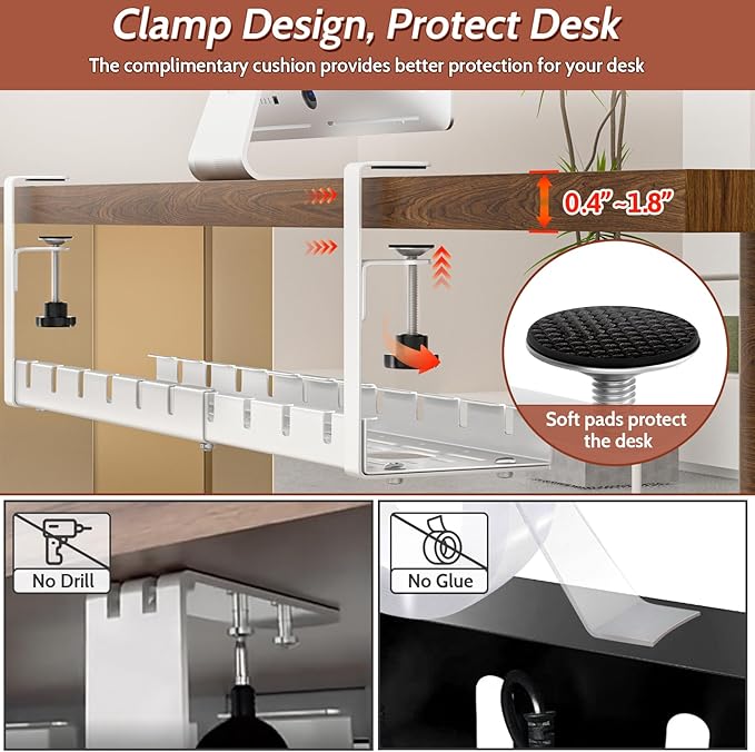 Shikha Cable Management Under Desk, 15.7"-31" Retractable Cable Management Tray, No Drilling Cord Organizer with Clamp for Desk, Under Table Wire Management Tray for Home Office -White