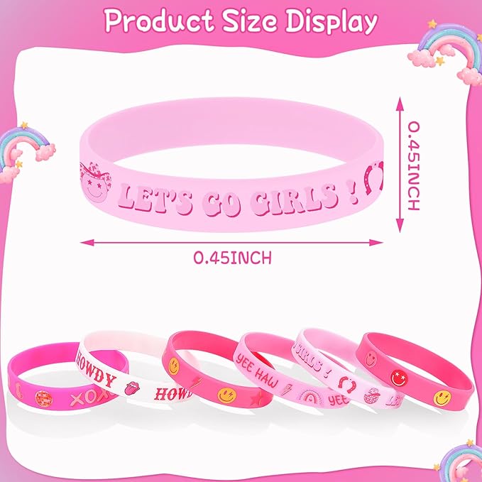 JUNEBRUSHS 42pcs Preppy Party Favors Bulk Pink Preppy Birthday Rubber Bracelets Silicone Wristband for Girls Students Birthday Party Favor Gift Supplies(6 Style)
