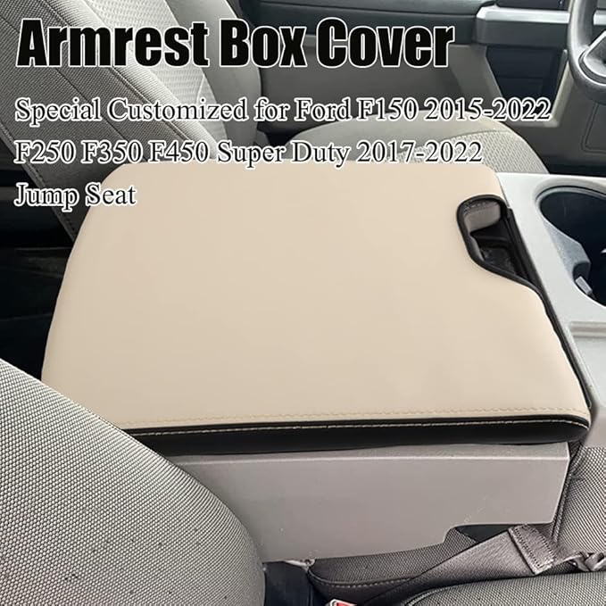XITER 1PC Leather Center Console Armrest Cover Waterproof Protector Cover for 2015-2026 F150 2017-2026 F250 F350 F450 Super Duty with 40/20/40 Jump Seat(Beige+Black)