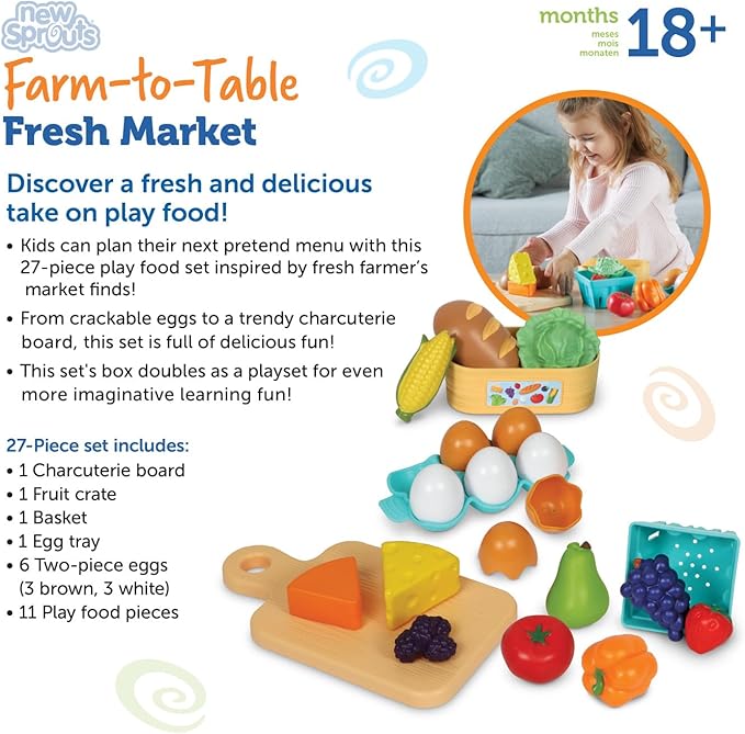 Learning Resources New Sprouts Farm-to-Table Fresh Market, 27 Pieces, Ages 18 Months+, Play Food for Kids Kicthens, Grocery Store Pretend Play, Play Kitchen Accessories