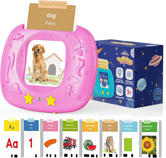 Toddlers Bilingual Spanish & English Talking Flash Cards with 288 Sight Words, Speech Therapy Toys for 3 4 5 6 Years Old Boys and Girls, Learning Educational Kids Gifts (Pink)