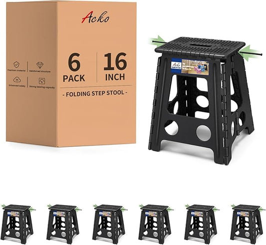 ACKO Folding Step Stool Foldable 16 Inch Stools for Adults and Kids,Plastic Stools Tall 400 lbs Capacity,Collapsible Stool for Kitchen, Stepping Foot Stool with Handle,Dot Black 6Pack