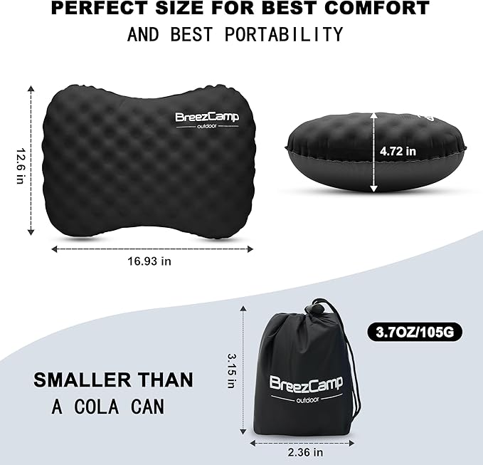 BreezCamp Camping Pillow with Soft Cover, Lightweight Inflatable Pillow for Neck Lumbar Support,Upgrade Backpacking Pillow,Washable Travel Air Pillows for Hiking, Backpacking, Airplane, Beach, Black