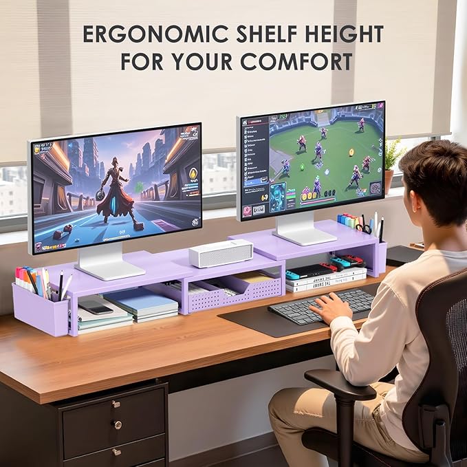 OPNICE Purple Desk Organizers and Accessories, Dual Computer Monitor Stand Riser with Drawer and 2 Pen Holders, Office Desk Accessories, Workspace Desktop Organization for Office Supplies